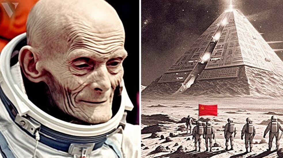 Soviet astronaut in a dim spacecraft revealing hidden space secrets with eerie cosmic light and classified documents